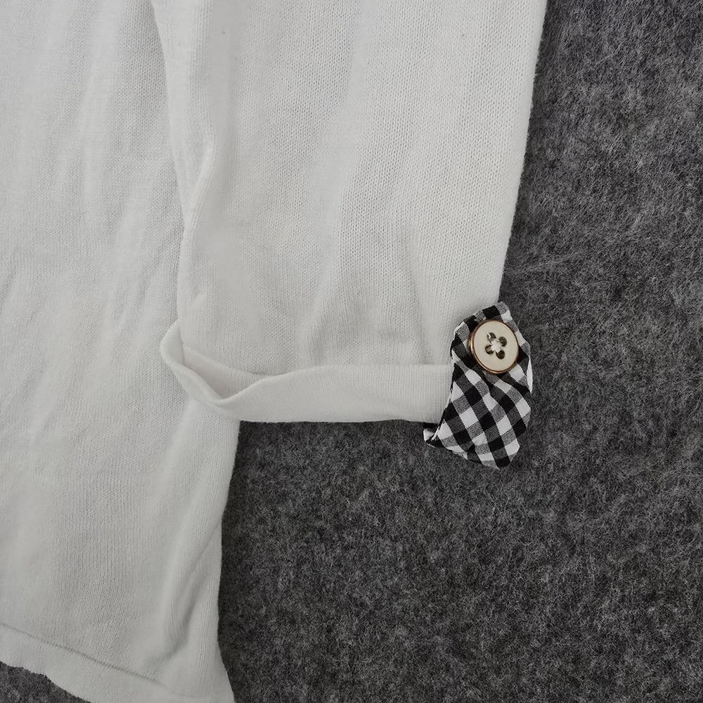 Talbots Sweater‎ Womens M White Pineapple Knit Gingham Trim Button Cuff Pullover - Picture 3 of 13